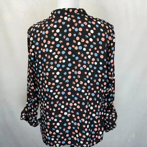 Zac & Rachel Top Sz M Black Multicolor Print Henley Roll Up Sleeves - Picture 2 of 6